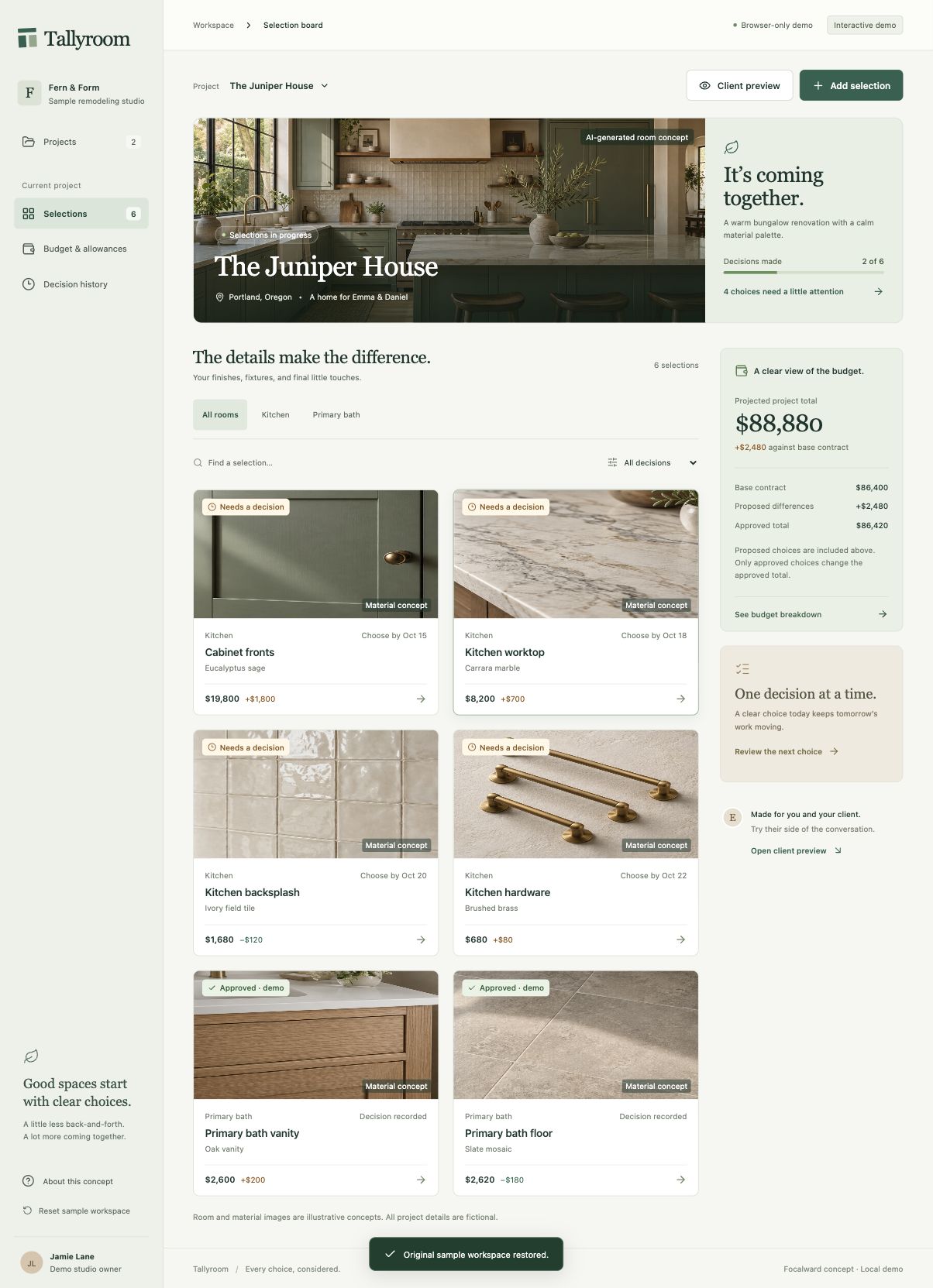 Tallyroom's sample Juniper House renovation board showing finish selections, allowances, and decisions.